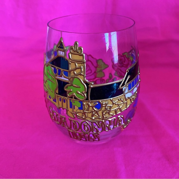 Madonna Inn Stemless Wine Vino Glass Cup Pink Gold Roses Hotel California Champ - Picture 7 of 10